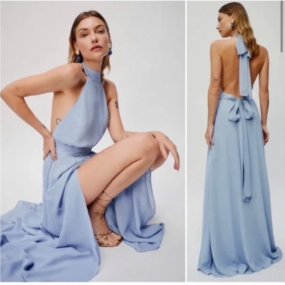 Reformation Blue Backless Halter Gown with Slit